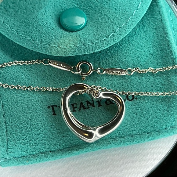 Tiffany & Co. Elsa Peretti Silver Open Heart Diamond Pendant Necklace 18" - Picture 4 of 11